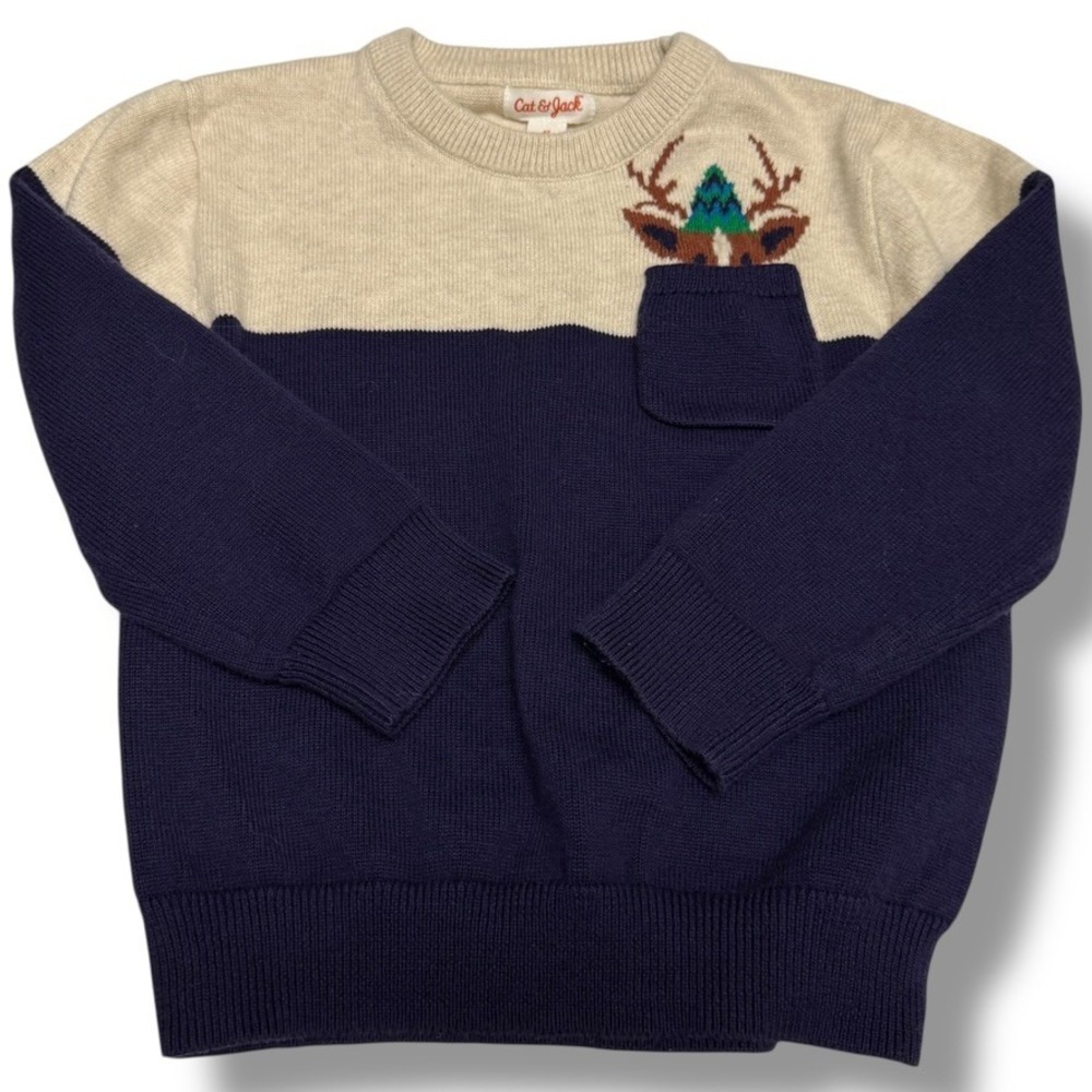 Cat & Jack Boys‎ Deer Reindeer Pocket Holiday Sweater Knit 4T Navy Blue Ecru